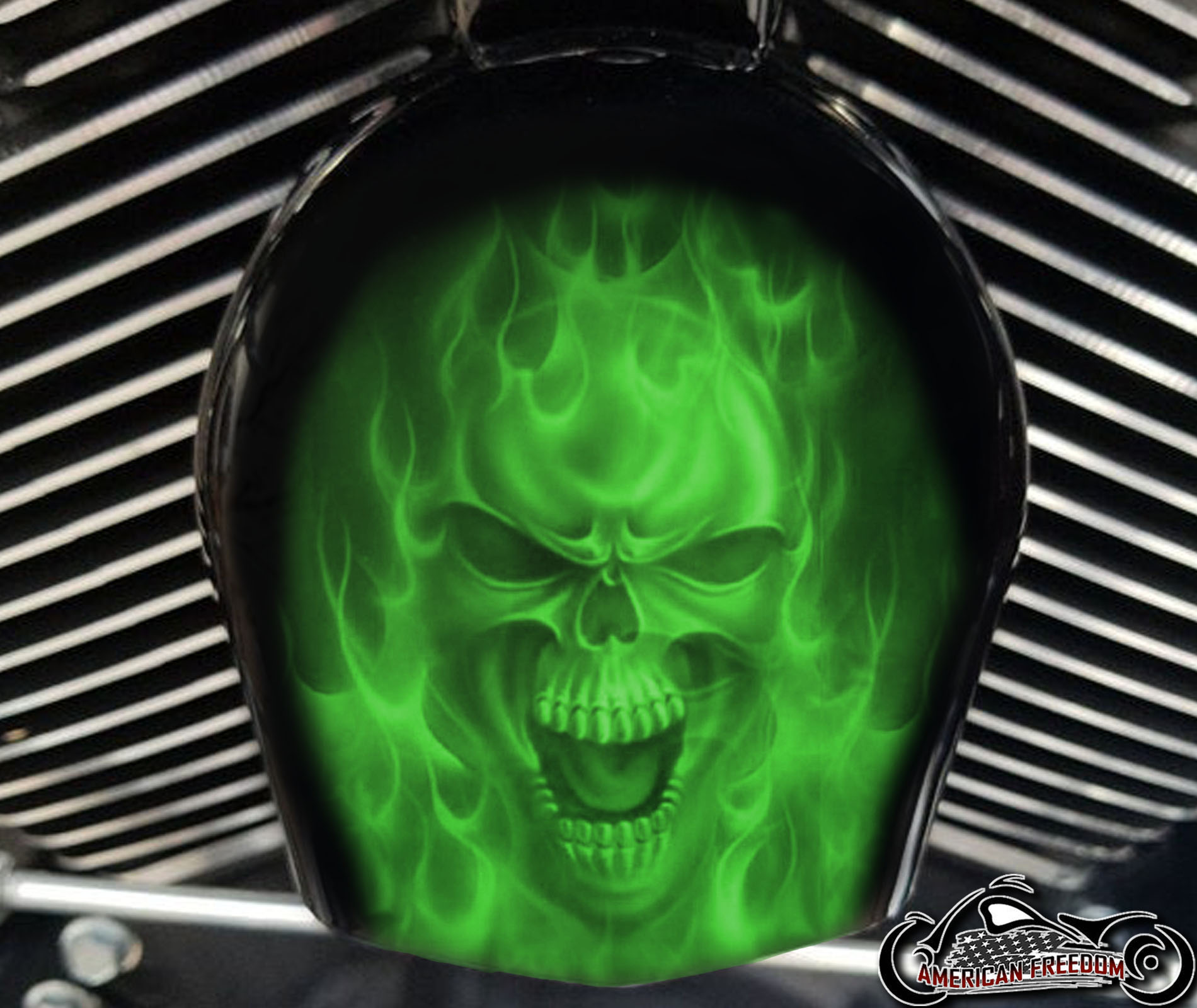 Custom Horn Cover - Green Flame Skull